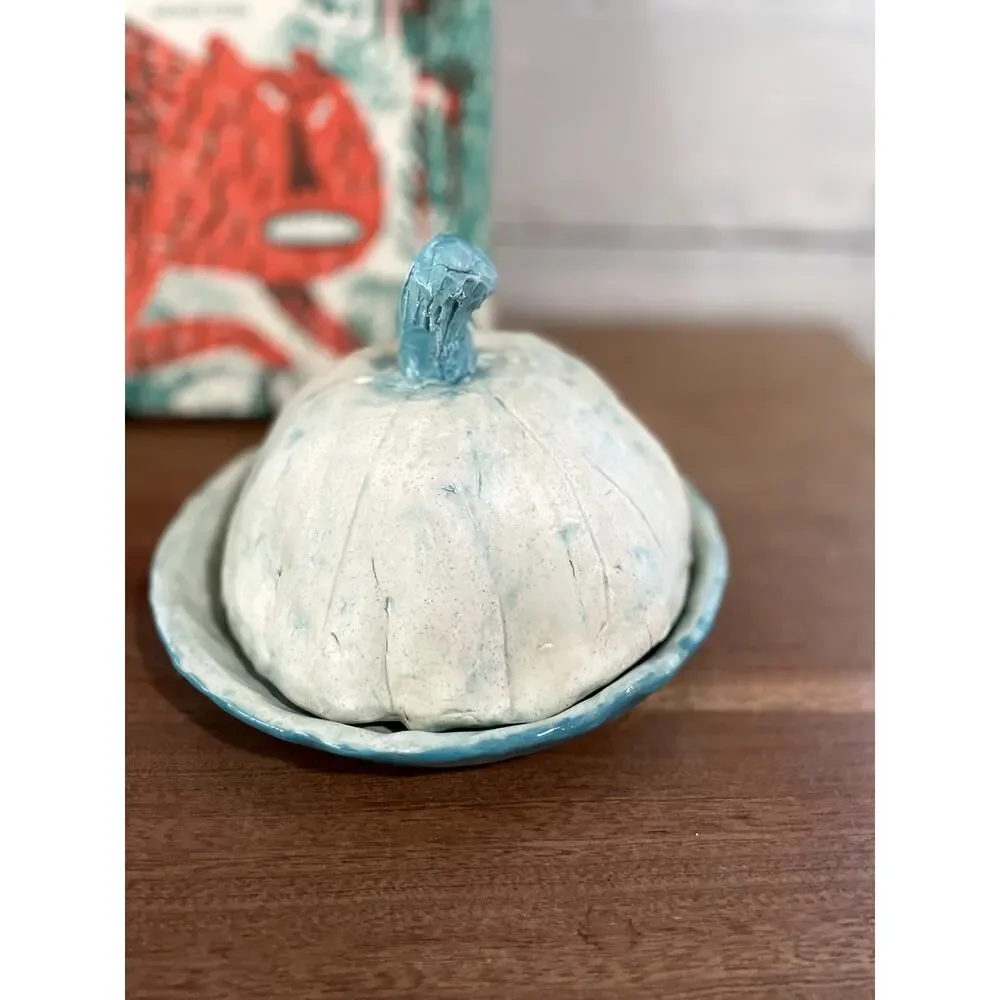 Handmade Studio Pottery Pumpkin Lidded Dish Turquoise Blue White Signed